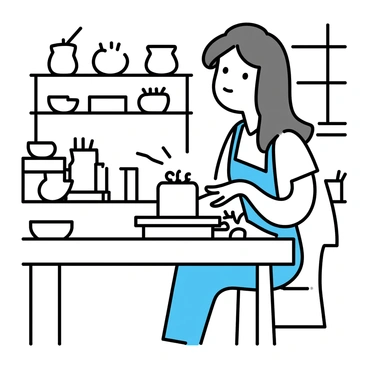 A woman with long brown hair, wearing an apron, is seated at a pottery wheel in a workshop. She is focused on shaping a lump of clay with her hands as it spins. The workshop is filled with various pottery tools and shelves lined with finished pieces. Soft light filters through a window, casting gentle shadows around her. She is surrounded by the earthy tones of clay and the texture of the wooden workbench.