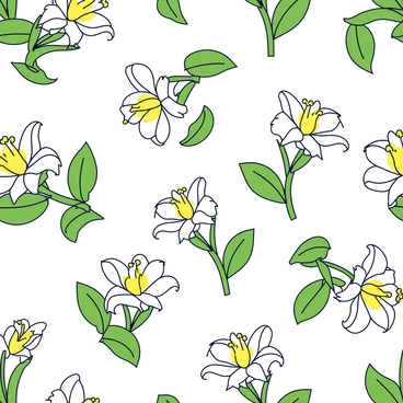 A seamless repeating pattern featuring white lilies with delicate petals and bright yellow centers. Surrounding the lilies are lush green leaves with a glossy texture. The flowers and leaves are arranged in a balanced composition, creating a harmonious design that can be used for various applications. The pattern showcases the natural beauty of the lilies and the vibrancy of the leaves in an orderly repeat.