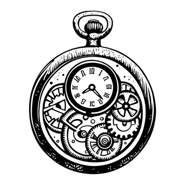 A vintage wristwatch depicted with intricate details, showcasing exposed gears and clockwork mechanisms. The watch has a classic round face with ornate markings and a winding crown. The background features a textured surface that complements the engraving style, enhancing the overall depth of the illustration. The interlocking gears are arranged precisely, displaying their fine craftsmanship. The watch band is artfully designed, featuring delicate links and a clasp.