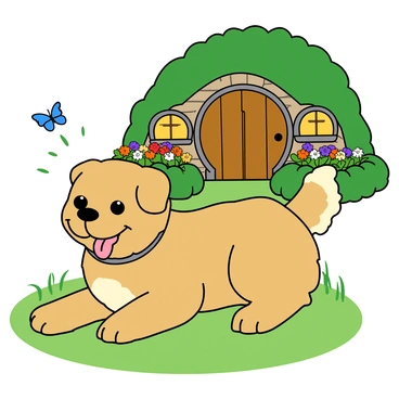 A playful hobbit pet resembling a small dog with fluffy fur and large, expressive eyes is lying comfortably on a patch of green grass. The pet has a joyful expression, with its tongue out and tail wagging lightly. In the background, there is a charming hobbit hole with a round wooden door and circular windows, surrounded by colorful flowerbeds and a well-trimmed hedge. The sun is shining brightly, casting soft shadows and illuminating the scene. A few butterflies flutter nearby, enhancing the cheerful atmosphere.