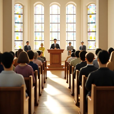 A group of congregants of diverse backgrounds attending a Sunday service inside a brightly lit church. The church has stained glass windows casting colorful patterns on the wooden pews. The congregants are dressed in formal attire; some women wear dresses and hats while men are in suits and ties. At the front of the church, a pastor stands behind a wooden pulpit, delivering a sermon. Soft sunlight filters through the tall windows, illuminating the faces of the attendees, who are engaged and attentive.