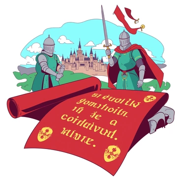 A red invitation scroll unfurls on a stone table, decorated with intricate gold scroll-like calligraphy stating, "You are cordially invited to a medieval fair." In the background, two teal knights in shining armor stand proudly, one holding a gleaming sword while the other displays a colorful banner. Majestic castles tower in the distance under a clear blue sky. Decorative motifs of shields and swords frame the edges of the scroll, adding to the medieval theme. The overall composition evokes a sense of grandeur and excitement for the upcoming fair.