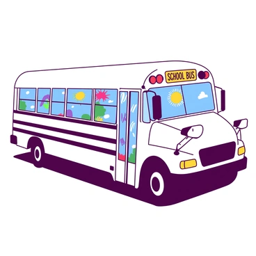 A white school bus is parked against a bright backdrop. The bus features colorful children's artwork displayed on its windows, showcasing various drawings and paintings in an array of vibrant colors. Each window presents different artistic expressions, ranging from animals to abstract shapes. The bus is clean and shiny, reflecting the sunlight, with the typical yellow school bus sign visible on the front. The scene captures a sense of creativity and joy.