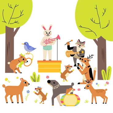 A group of animals is gathered in a vibrant woodland clearing for a concert. A cheerful rabbit stands on a small wooden stage, playing a bright red trumpet. Nearby, a bluebird is perched on a branch, singing into a microphone. A wise old owl is playing a wooden guitar, while a raccoon rhythmically taps on a pair of colorful drums. Squirrels are dancing happily around, and a deer is swaying to the music, wearing a flower crown. The trees surrounding the clearing are lush and green, with colorful flowers dotting the ground, enhancing the joyful atmosphere of the woodland concert.