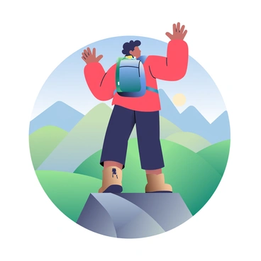 A hiker with a medium complexion is standing confidently on a mountain top. They are wearing sturdy brown hiking boots that are well-worn and designed for rugged terrain. The hiker has a blue backpack secured on their back, filled with camping gear and supplies. The landscape behind them features rolling green hills and distant mountain peaks under a clear blue sky. The hiker is wearing a bright red jacket and black pants, and they have short black hair, which is gently tousled by the wind. Their arms are raised slightly as they embrace the expansive view.