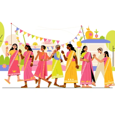 A festive parade featuring Bengali girls dressed in vibrant traditional costumes. The girls wear bright sarees adorned with intricate patterns and colorful borders, complemented by matching blouses. Some are adorned with decorative jewelry, including earrings and bangles. The parade includes several floats decorated with flowers and cultural motifs, showcasing elements of Bengali heritage. Colorful banners with "Bengali Culture" are displayed throughout the parade route. The atmosphere is lively, with the girls smiling and dancing, celebrating their traditions joyfully.
