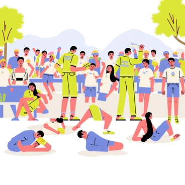 A crowded public space filled with many people wearing summer clothing, such as t-shirts, shorts, and hats. Some individuals are sitting on the ground looking distressed, while others are fainting, leaning against the walls or sitting on benches. Paramedics in bright green uniforms are actively assisting those in need, providing water and applying damp towels to the foreheads of the affected individuals. The background shows a sunny day with a clear blue sky, and a few trees providing limited shade. Some people are holding their heads or fanning themselves, illustrating the intensity of the heat.