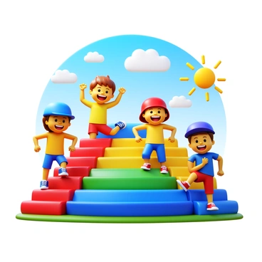 A group of children energetically performing step-ups on a set of colorful playground steps. The steps feature bright colors such as red, blue, green, and yellow. Each child is wearing playful athletic clothing, with some sporting hats and others wearing sneakers. The children are smiling and laughing, showing their enjoyment of the activity. The background includes a sunny day with a clear blue sky, adding to the cheerful atmosphere of the playground scene.