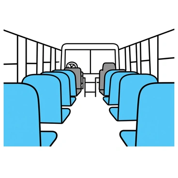 The interior of a white school bus features rows of empty, simple seats arranged along both sides. Each seat has a blue fabric covering and is separated by a narrow aisle. The view includes the driver's seat at the front, which is upholstered in gray with a seatbelt visible. The bus has large windows allowing light to filter in, showing their clean, transparent glass. There is a steering wheel and dashboard visible from the driver's perspective, creating a clear line of sight down the aisle.
