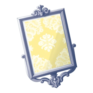 A mirror mounted on a wall reflects a room. In the mirror's surface, a distorted version of intricate "yellow wallpaper patterns" becomes visible. The patterns feature swirling motifs and geometric shapes that appear warped and elongated. The mirror itself has an ornate frame, embellished with detailed carvings. The surrounding room is minimally decorated, allowing the focus to remain on the reflection in the mirror.