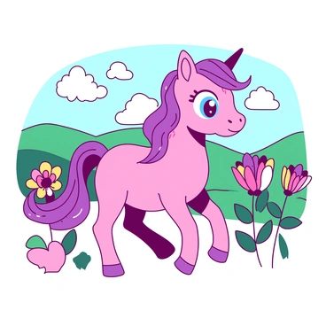 A pink cartoon pony with large sparkling blue eyes and a playful smile is prancing through a vibrant cartoon land. The pony has a flowing mane and tail that are a mix of yellow and purple. Surrounding the pony are oversized colorful flowers with short stems, and fluffy white clouds float in the bright sky. There are rolling green hills in the background, providing a lively and cheerful atmosphere.
