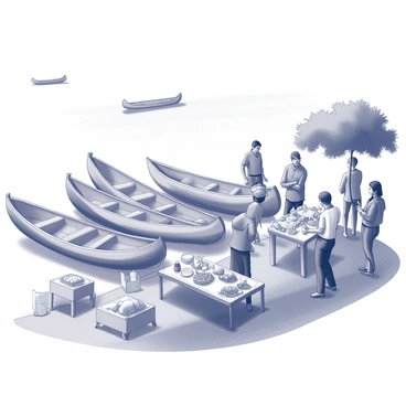 A lively market scene along a riverbank. Vendors are standing beside dugout canoes that are filled with various goods. Some vendors are displaying fruits, vegetables, and handmade crafts on tables set up near the water's edge. Shoppers are engaging with the vendors, examining the products and negotiating prices. In the background, other canoes are seen drifting on the river, while a few trees provide shade along the bank. The atmosphere is dynamic, with people moving about and interacting amidst the sounds of haggling and laughter.