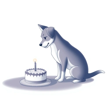 A dog sitting on a surface, looking curiously at a small cake placed in front of it. The cake has a single candle on top, which is lit and emitting a small flame. The dog's ears are perked up, and its tail is wagging slightly, indicating interest. The background has a simple, unobtrusive setting, allowing the focus to remain on the dog and the cake.