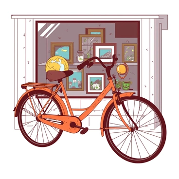 An orange old bicycle with a worn-out leather seat is displayed prominently in front of a white antique shop. The bike has rusted handlebars and a vintage bell attached. Behind the bicycle, through the shop's large glass window, various curiosities are visible, including a collection of ornate picture frames, an old globe, and colorful glass jars filled with trinkets. The shop exterior has a weathered wooden finish, adding to its charm, and the scene is illuminated by soft natural light.