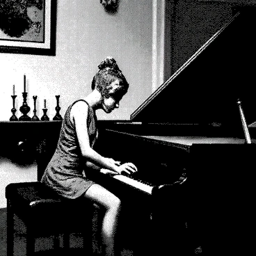 An elf with pointed ears and delicate features is seated at a grand piano. The elf is wearing a vintage outfit, complete with intricate patterns and flowing fabrics. The room is softly lit by flickering candles placed on a nearby ornate table, casting gentle shadows on the walls. The piano has a polished surface and the elf's fingers are gracefully poised over the keys as music fills the air. Elegant furniture and rich textures enhance the cozy atmosphere of the candlelit space.