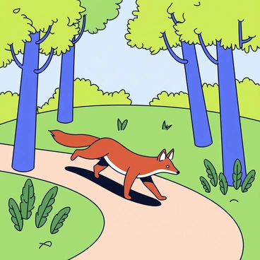 A coyote with a sleek brown coat is walking along a dirt trail in a lush green forest. The coyote has pointed ears and a bushy tail, its eyes focused ahead. Surrounding the trail are tall trees with thick trunks and vibrant green leaves rustling gently in the breeze. Sunlight filters through the canopy, casting dappled light on the ground. Various ferns and underbrush line the sides of the trail, adding to the dense, natural setting.