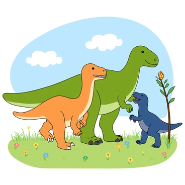 A dinosaur family consisting of a large, adult green T-Rex, a smaller orange juvenile T-Rex, and a tiny blue baby dinosaur are interacting together in a bright, grassy field. The adult T-Rex is playfully nudging the juvenile with its nose, while the juvenile stands on its hind legs, trying to reach a low-hanging branch of a nearby tree. The baby dinosaur is playfully chasing a brightly colored butterfly with its tiny arms outstretched. The grass in the field is vibrant green, dotted with colorful wildflowers, and a few fluffy white clouds are visible in the blue sky above.
