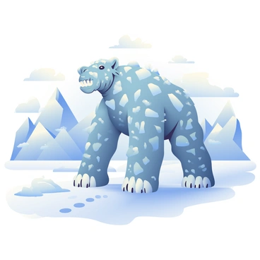 A frozen Goliath stands majestically amidst towering icy glaciers and expansive fields of snow. The Goliath has a rugged, crystalline appearance, shimmering in various shades of blue and white. Its enormous stature contrasts with the delicate, frost-covered landscape surrounding it. Jagged ice formations rise in the background, reflecting the pale winter sunlight, while soft snowflakes drift gently from the sky. The ground is blanketed in a thick layer of fresh snow, with the footprints of the Goliath leading away into the distant frosty horizon.