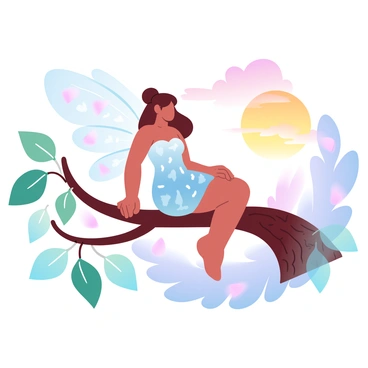A fairy with delicate, shimmering wings is sitting on a curved branch. The fairy is adorned in a flowing dress made of leaves and petals, blending harmoniously with the natural environment. The branch is part of a sturdy tree with textured bark and green leaves surrounding it. A vibrant sunset casts a golden glow across the scene, creating a gradient of warm colors in the sky. Soft light filters through the leaves, illuminating the fairy's form and the branch she perches on. In the background, the silhouettes of distant trees can be seen against the colorful sky.