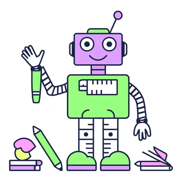 A playful robot character is constructed from various office supplies. Its body is primarily made of paper clips, shaped into a humanoid form with a flexible design. The robot has large, round eyes made from two buttons, giving it an expressive look. Its arms are composed of ruler segments, allowing for articulation, while its legs are created from sturdy stapler pieces, providing a stable stance. The robot's head features a small notepad as a helmet, adding a whimsical touch. In one hand, it holds a bright green highlighter, poised as if ready to draw or write, while the other hand is extended in a friendly wave. The setting includes a scattered arrangement of colorful sticky notes and sharpened pencils around the robot, emphasizing its playful nature.