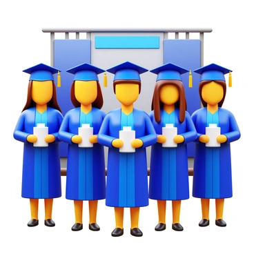 A group of students wearing caps and gowns standing together. Each student is proudly holding a diploma in their hands. The caps are adorned with tassels that hang to the side. The backdrop features a stage with banners celebrating graduation. The students are beaming with joy and excitement, capturing the essence of their accomplishment.