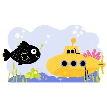 An anglerfish with a dark, textured body swims slowly through a vibrant underwater scene. Its bioluminescent lure glows softly, attracting attention. The fish has wide, curious eyes as it approaches a small, yellow submarine that is partially covered in colorful coral. The submarine features round windows and a propeller at the back, giving it a playful appearance. Surrounding the scene are schools of tiny, shimmering fish and patches of green seaweed waving gently in the current. Bubbles rise from the submarine, adding to the lively underwater atmosphere.