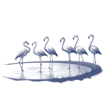 A group of flamingos standing in a shallow lagoon. The flamingos are depicted in various poses, some with their necks arched gracefully and others with their legs folded under their bodies. The water in the lagoon reflects the silhouettes of the birds, creating a sense of calm. The setting sun casts shadows and highlights the elegant contours of the flamingos, while the surrounding area features gentle ripples in the water and sparse vegetation along the edges of the lagoon.