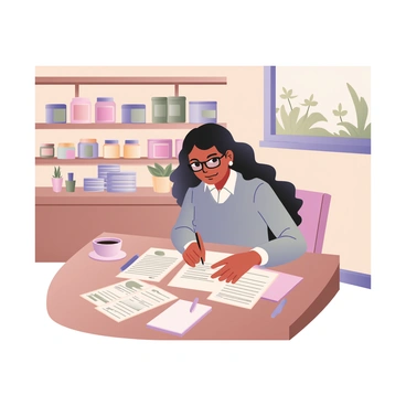 A small business owner is seated at a wooden desk in a cozy office. The owner is a woman with medium skin and long curly black hair, wearing reading glasses and a light blue sweater. She is focused on reviewing bills laid out in front of her. Behind her, there are shelves filled with a variety of products, including jars, boxes, and potted plants, neatly arranged. The office has warm lighting illuminating the space, and a window shows a glimpse of greenery outside. A cup of coffee is placed on the desk next to a small notepad and a pen.