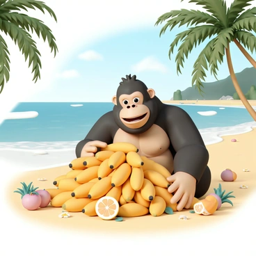 A large gorilla, resembling Donkey Kong, is sitting on the warm golden sand of a sunny tropical beach. He has a cheerful expression and is surrounded by a massive pile of ripe, yellow bananas. The bright sunshine casts soft shadows on the sand, and lush green palm trees sway gently in the background. The ocean waves are gently lapping at the shore, adding to the tranquil scene. Various tropical fruits are scattered around the gorilla, enhancing the vibrant atmosphere of the beach feast.