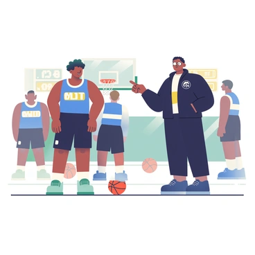 A tall person with dark skin and curly hair is standing in a gym, surrounded by basketball players. They are wearing a blue basketball jersey and black shorts. A coach, dressed in a black tracksuit, is pointing towards a basketball hoop while discussing the recruitment. The tall person is looking down at the coach with a curious expression. In the background, there are basketballs scattered on the gym floor and a scoreboard displaying the time.