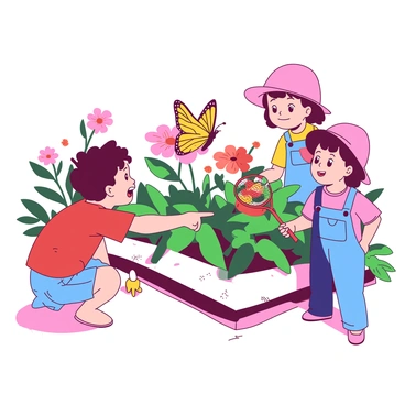 A group of three children is gathered in a small corner of a vibrant garden at their preschool. One child, wearing a red t-shirt, is crouched down, pointing excitedly at a large yellow butterfly resting on a flower. Another child, dressed in blue overalls, is trying to gently reach out towards the butterfly with wide eyes filled with wonder. The third child, wearing a pink hat, stands nearby holding a small net, eagerly watching the scene unfold. Colorful flowers in shades of pink and orange surround them, creating a lively atmosphere. Sunlight filters through the leaves, casting playful shadows on the ground.