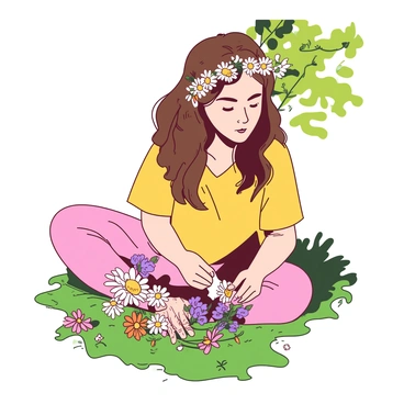 A person with long brown hair is sitting on a grassy patch, delicately crafting a flower crown. They are focused on selecting vibrant daisies and assorted wildflowers, intertwining the stems with care. The daisies are a bright white with yellow centers, while the wildflowers include shades of purple, pink, and orange. The person's hands are gently weaving the flowers together, and there are several picked flowers scattered around them on the grass. Sunlight filters through the leaves of nearby trees, creating a warm ambiance for this creative moment.