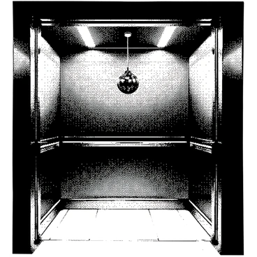 An elevator is transformed into a mini disco. The interior features vibrant patterns and textures, with walls covered in reflective surfaces. In the center hangs a small disco ball, which reflects light in multiple directions. The floor is designed with a shiny, polished finish that enhances the disco atmosphere. The ceiling has additional lighting elements, giving the impression of an energetic dance space.