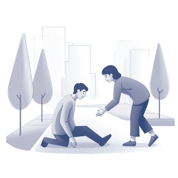 A scene on a sidewalk where a person is reaching out to help another person who has fallen. The person on the ground is sitting with one knee bent and their hands resting on the pavement. The person offering assistance is leaning forward with one hand extended towards the other person. There are details such as nearby trees lining the sidewalk, and buildings in the background to provide context for the urban environment. The expressions of both individuals convey concern and empathy.