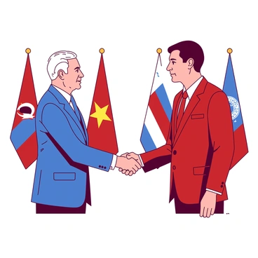 Two leaders from different countries are standing face to face at a summit. One leader, dressed in a blue suit, extends their right hand towards the other leader, who is wearing a red suit. Their hands are clasped in a firm handshake, symbolizing diplomacy and cooperation. The background is filled with banners representing their respective countries. Both leaders exhibit confident expressions, and their body language conveys mutual respect and collaboration.