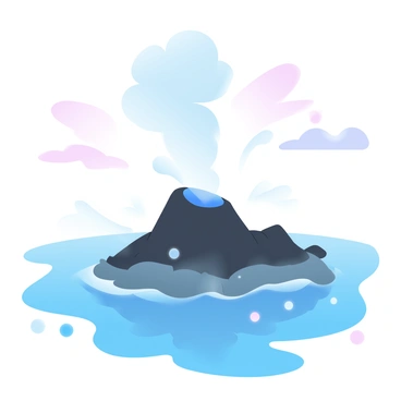 A volcanic eruption occurs beneath the ocean, sending a plume of ash and smoke rising towards the surface. Magma bursts forth, creating a circular shape as it cools and solidifies, gradually forming a new landmass. The surrounding waters are a vibrant blue, contrasting with the dark volcanic rock that is emerging. Bubbles and steam rise from the underwater activity, while small waves lap against the newly formed edges of the island. In the background, a gradient of pastel colors fills the sky, hinting at the dawn of a new day.