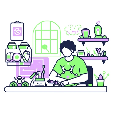 An inventor with curly hair is focused on assembling gadgets at a workbench in a workshop filled with inventions. The workbench is cluttered with various tools, including screwdrivers, pliers, and rolls of wire. Behind the inventor, shelves are lined with containers and parts, showcasing gears, springs, and light bulbs. A contraption resembling an old-fashioned clock is partially assembled on the table, while a small robot with wheels rests beside it. The walls of the workshop are adorned with blueprints and sketches of intricate designs. A window allows natural light to filter in, illuminating the scene.