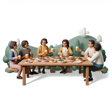 A group of five hobbits is gathered around a long wooden table, which is overflowing with an assortment of food. There are large platters filled with roasted meats, fresh vegetables, and several pies. Each hobbit is holding a mug of ale, smiling and laughing together. Two hobbits are sharing a story, while another is reaching for a piece of pie. The scene is lively and filled with warmth as they celebrate their feast in a cozy outdoor setting. Green hills and trees can be seen in the background, complementing the cheerful atmosphere.