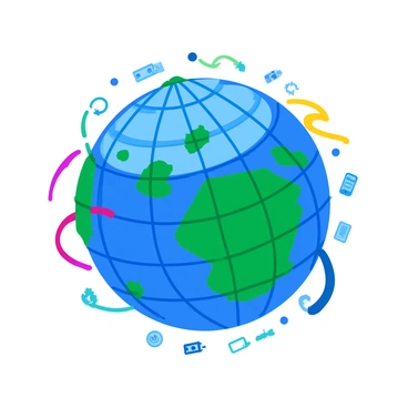 A futuristic globe composed of small, colorful pixels and various digital elements. The globe is floating in mid-air, showcasing a grid pattern across its surface. Brightly colored lines and light beams connect different regions of the globe. Surrounding the globe are small holographic icons representing various countries and data points. The background is minimal to emphasize the detailed design of the globe.