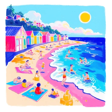 A whimsical seaside view includes several colorful beach huts lined up on the sandy shore. The huts are painted in bright colors like red, blue, yellow, and green. Gentle, playful waves are lapping against the shoreline. There are people scattered on the beach, some lounging on towels while others are building sandcastles. A few children are running along the water’s edge, while others are splashing in the waves. The bright sun hangs in the clear sky, illuminating the entire scene.