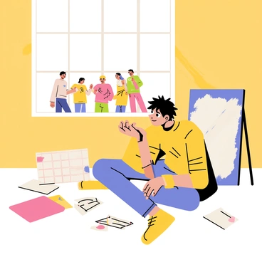 A person sitting on the floor with a bored expression, surrounded by various unfinished projects. The projects include scattered sheets of paper, an unassembled model kit, and a half-painted canvas with splatters of color. In the background, a window shows friends outside having fun, playing games, and laughing. The person has disheveled hair and casual clothing, highlighting their feeling of disengagement. The warm sunlight filters through the window, casting soft shadows around the scene.