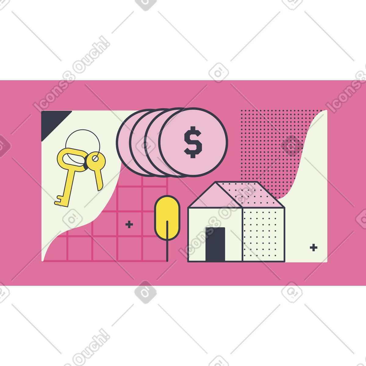 Dollar coins, keys and house rent illustration in PNG, SVG