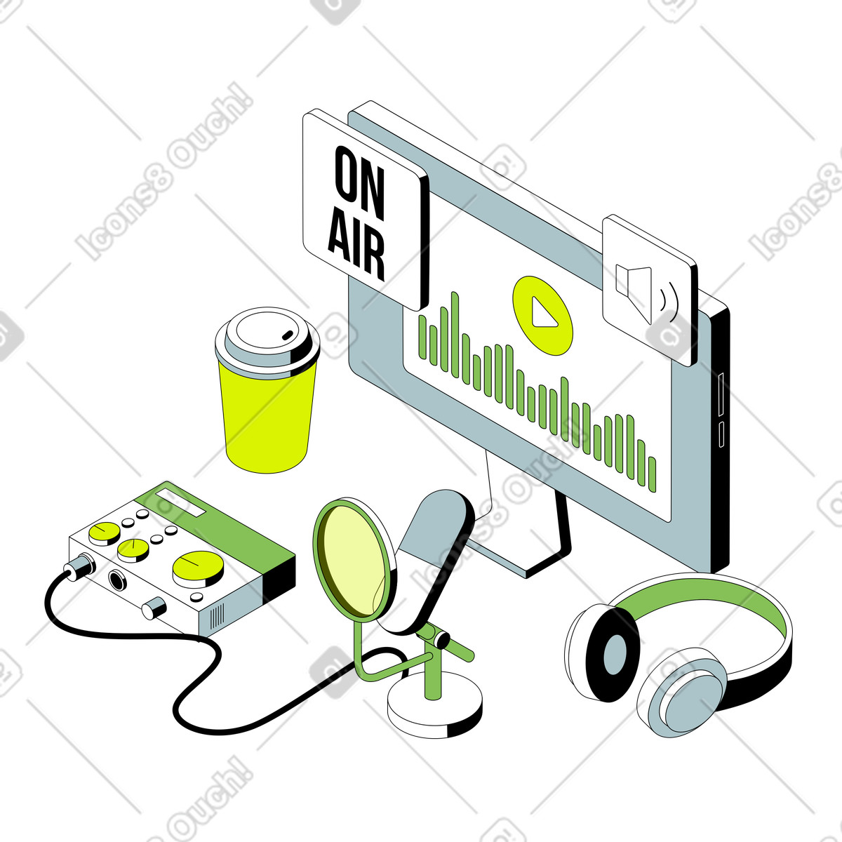 Podcast studio desk with mic and headphones, Audio content creation livestreaming illustration in Isometric style download in PNG, SVG