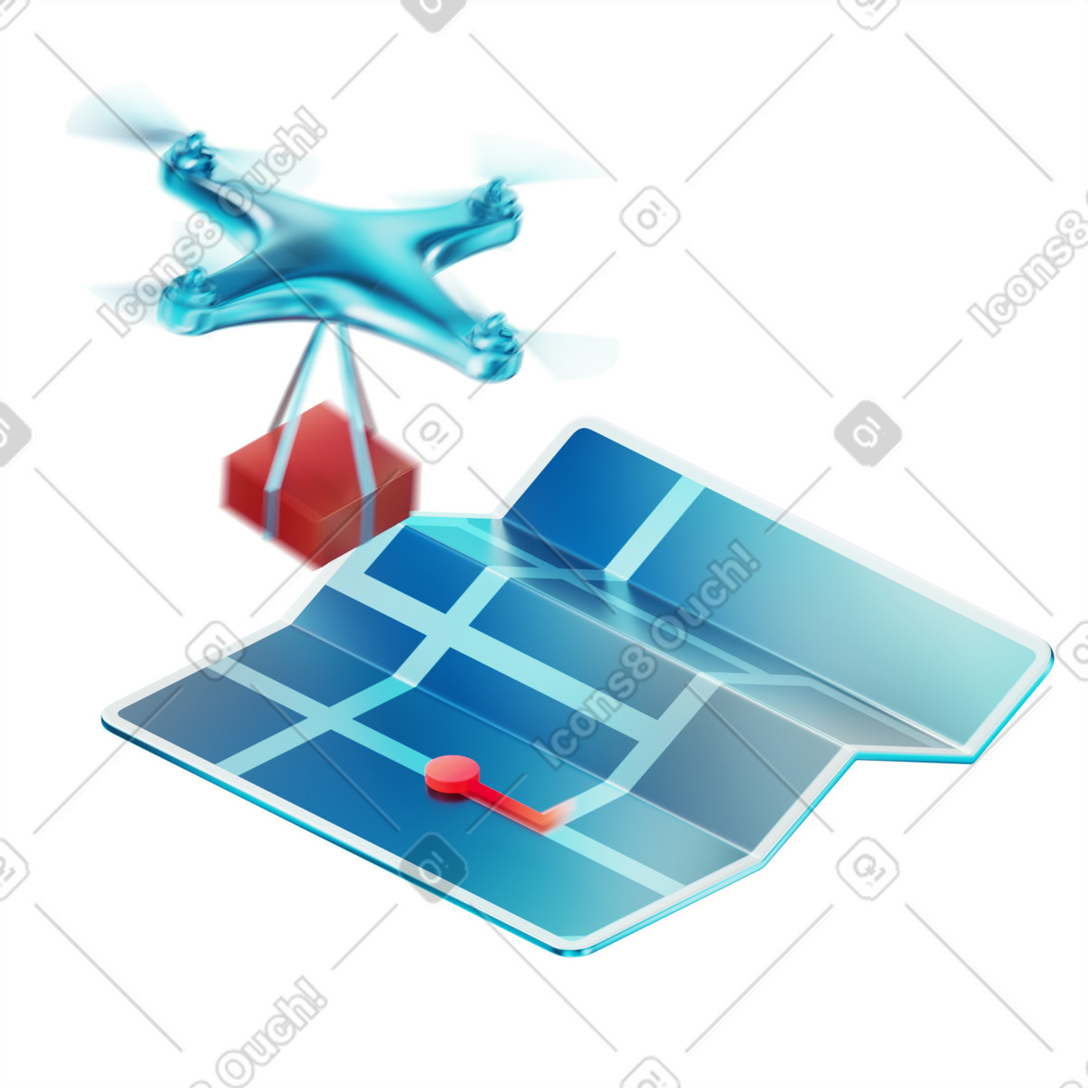 Анимированная иллюстрация Drone with package hovering over digital map, Real-time delivery tracking в стиле 3D Glare — скачать в форматах GIF, Lottie (JSON), AE