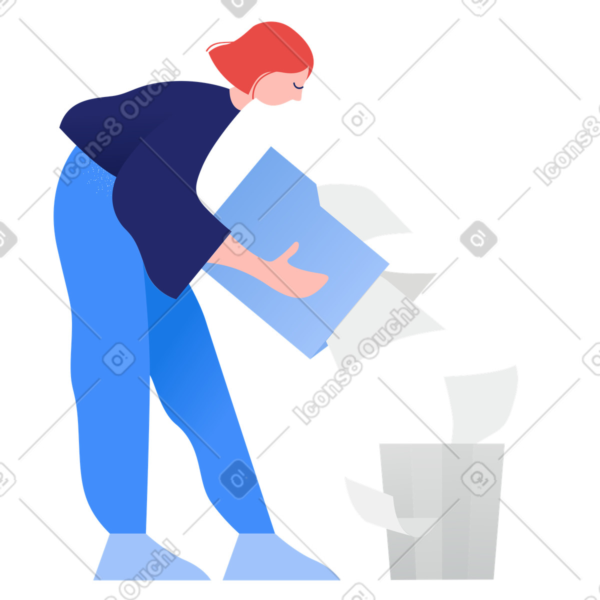 Office worker throwing folder documents into trash can, Data removal or file deletion illustration in Clip style download in PNG, SVG