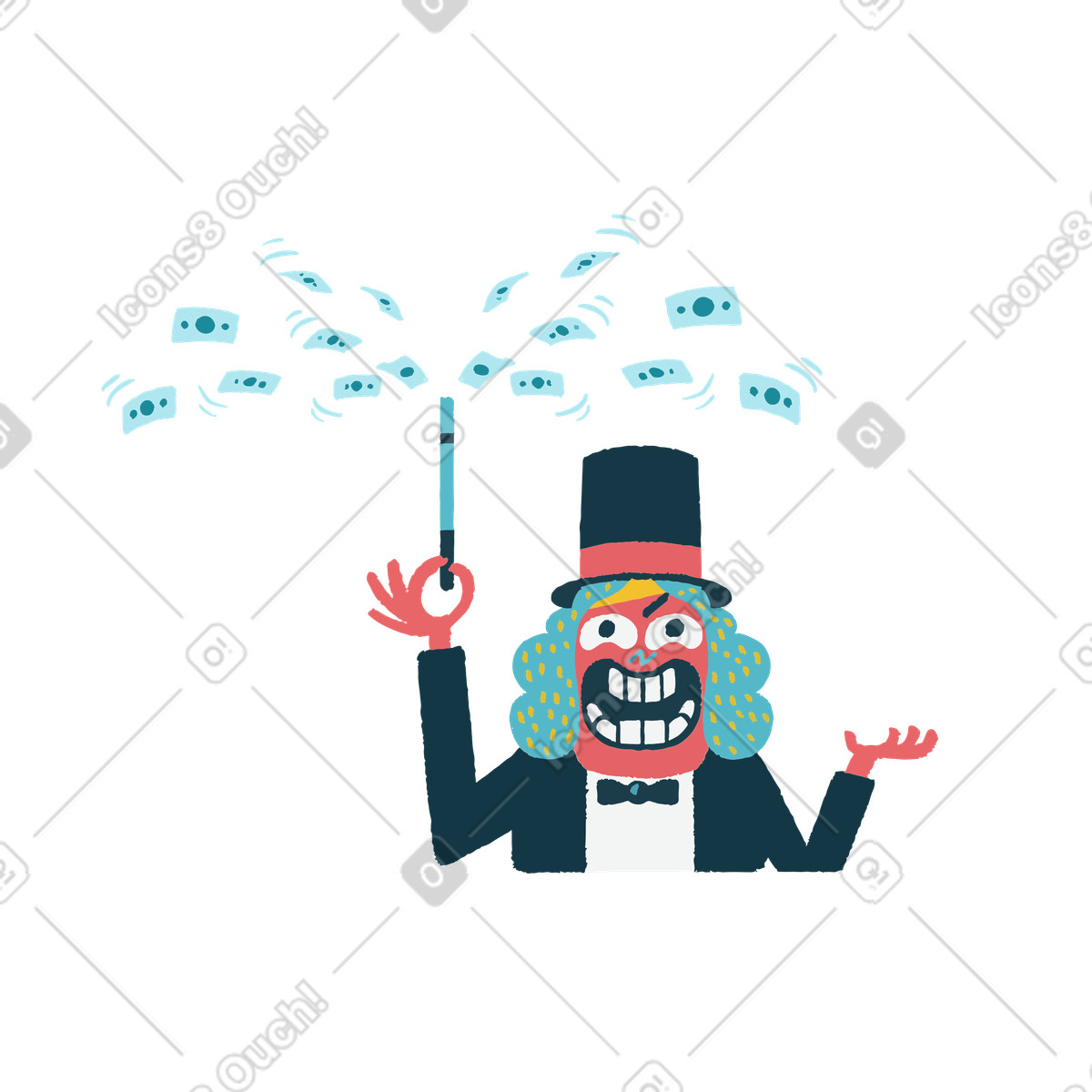 Flamenco スタイルの 魔法の杖でお金を取り出すマジシャン のイラストをPNG、SVG形式でダウンロード