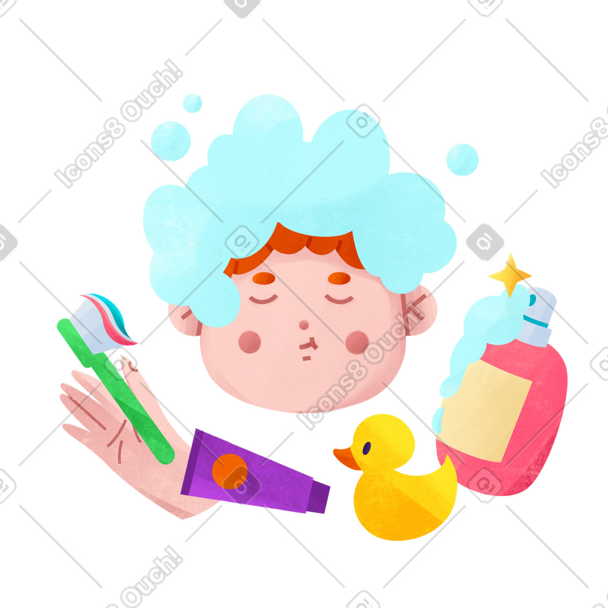 Junge wäscht sich mit shampoo und putzt zähne zahnpasta im badezimmer-Illustration Bonbon-Stil als Download in PNG, SVG