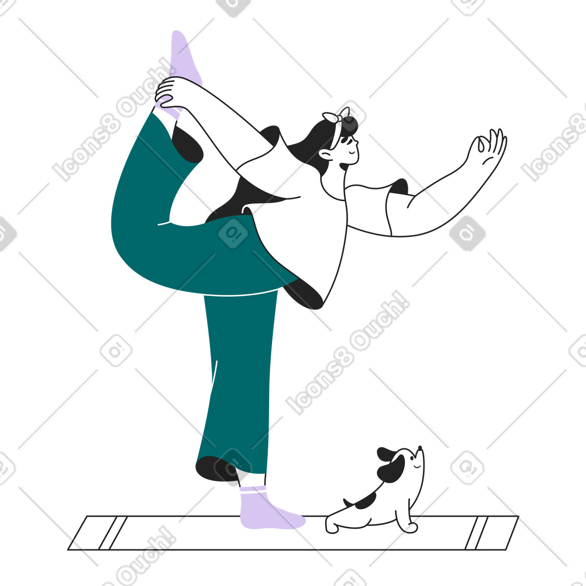 Illustration Fille et son chien font du yoga sur un tapis dans le style Sammy Line à télécharger aux formats PNG, SVG