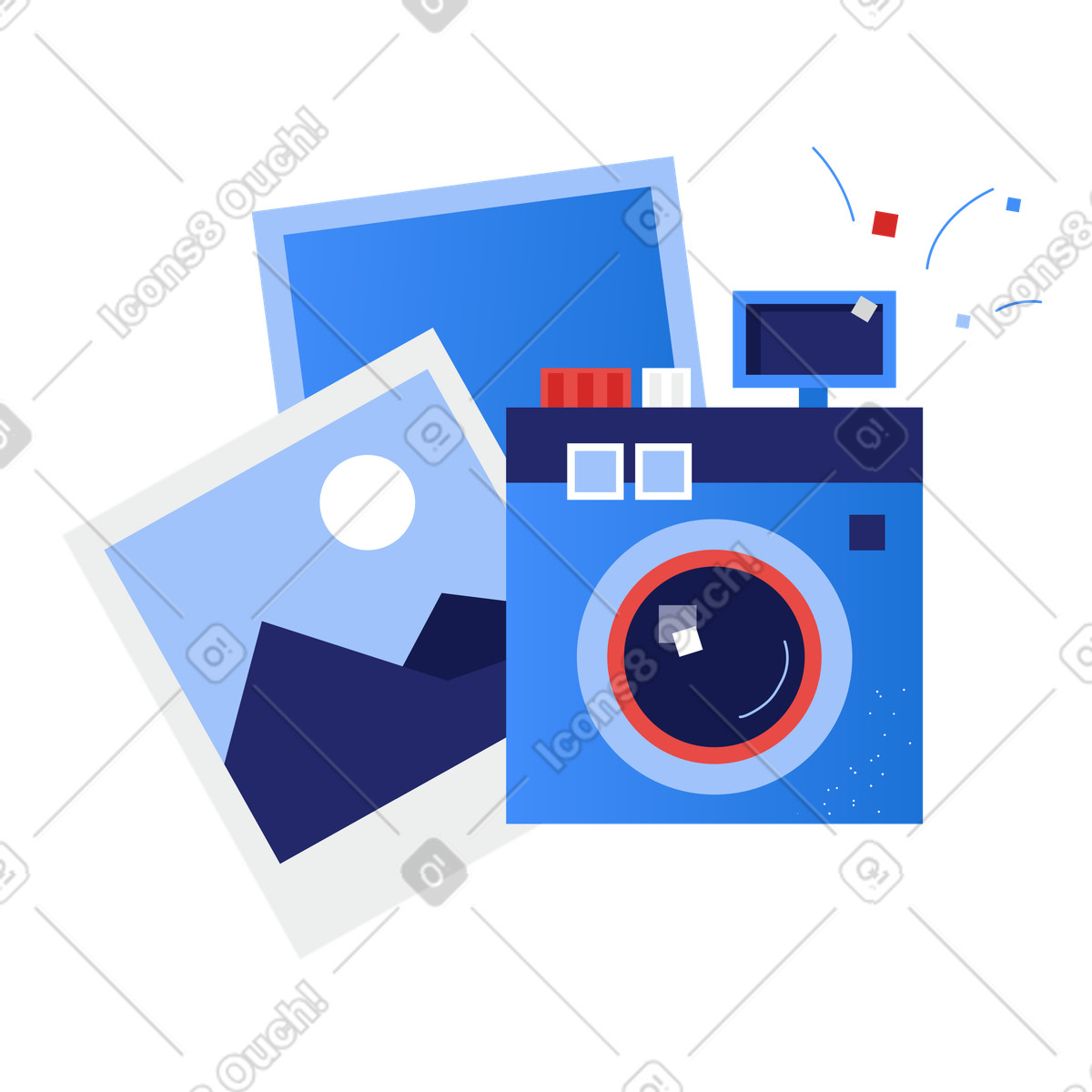 Ilustração de Composição com câmera e fotos em no estilo Clip para baixar em PNG, SVG