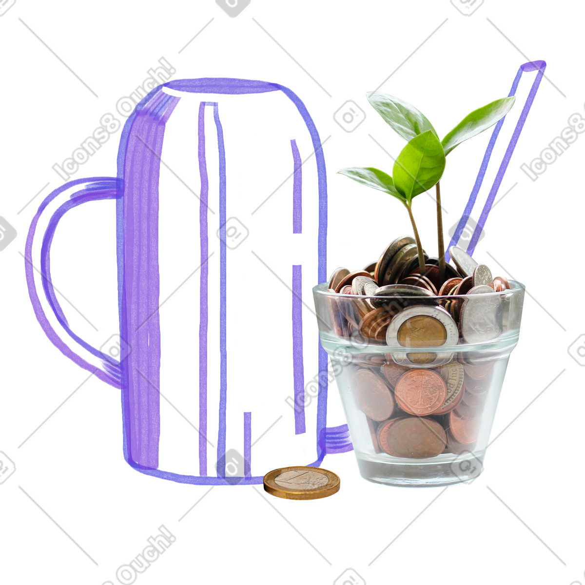 Investimento di crescita con annaffiatoio e monete in vaso fiori illustrazione stile Marker scarica PNG, SVG